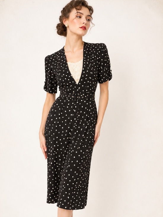 karin stevens Dresses & Skirts - Vintage Karin Stevens Petites Size 10 Black White Heart Print Dress Belted Dress